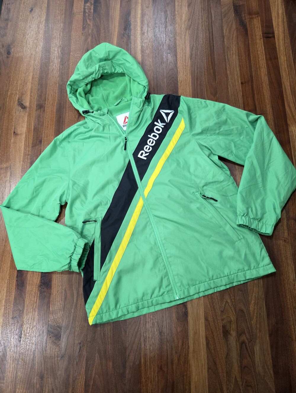 Reebok Green Hooded Lined Retro Windbreaker Jacket Pockets Men's Size Medium